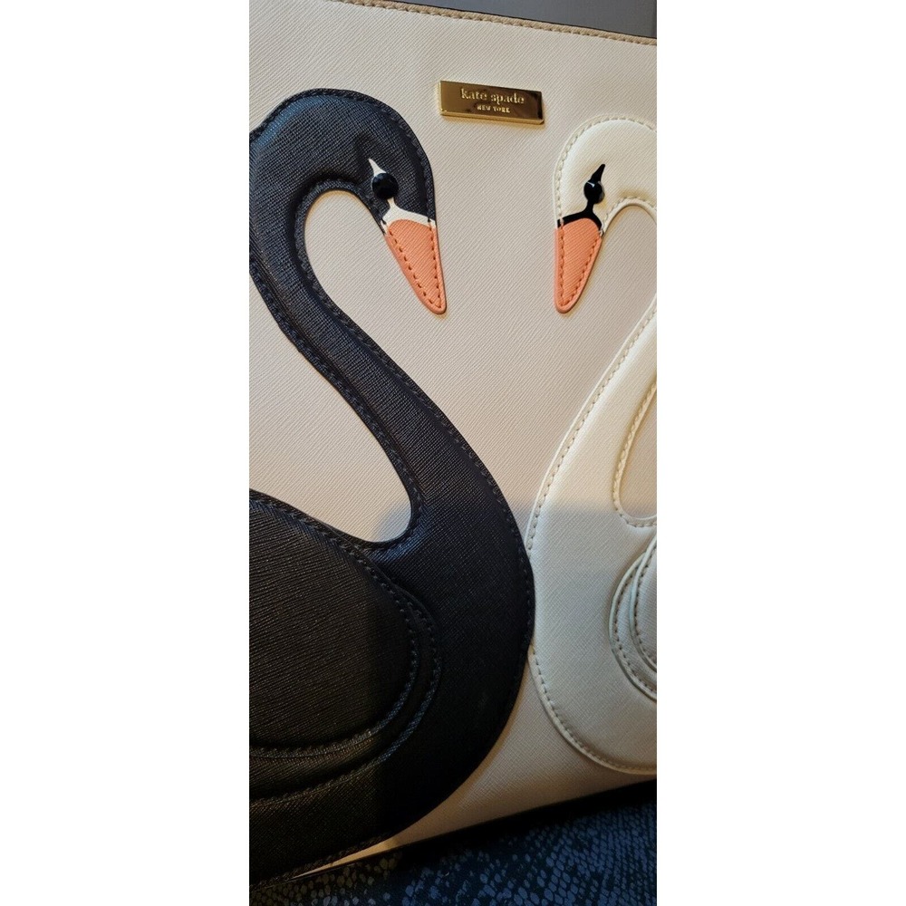 Kate Spade On Pointe Large Swan Tote Black And White Swans 10" Strap Gray Clean - Picture 7 of 16